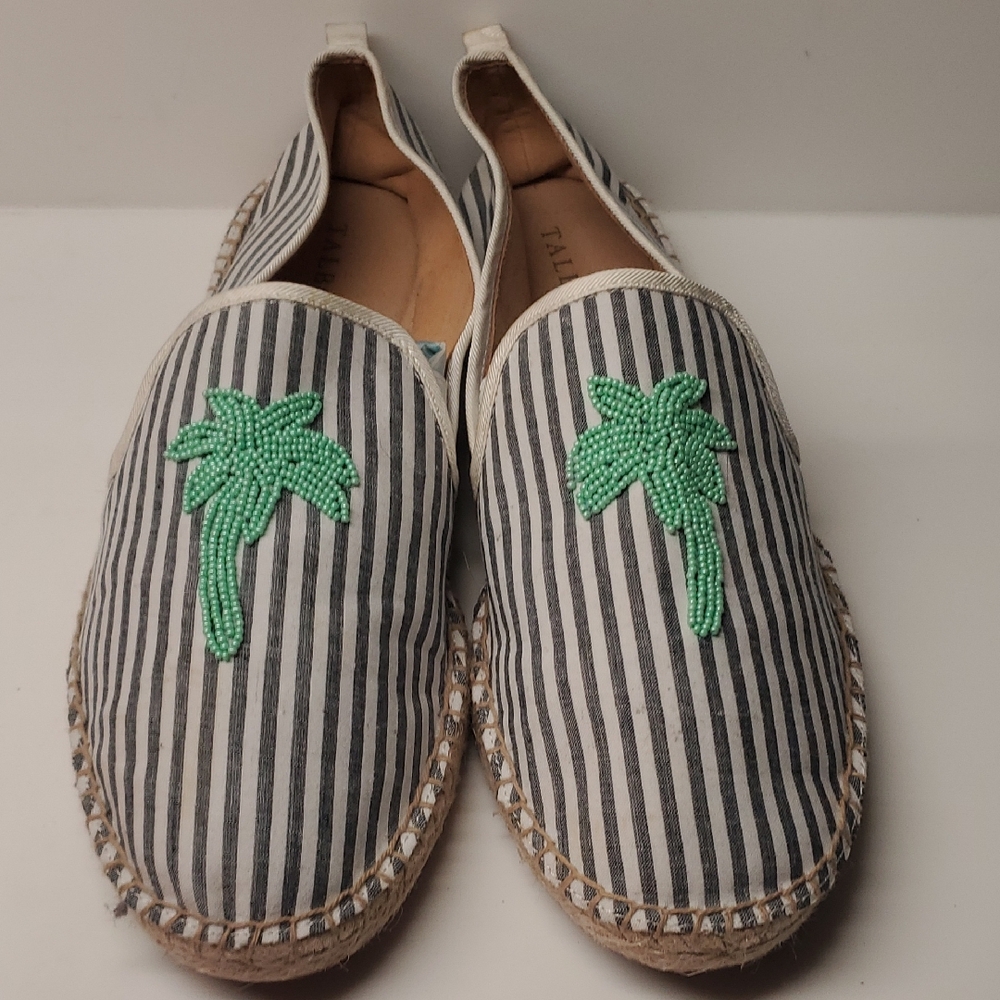 Talbots Black and White Striped Espadrilles with Green Palm Design